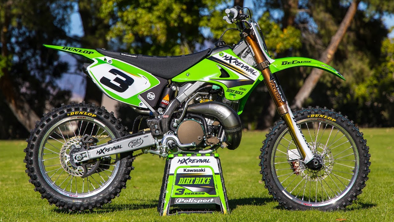 Charles's 2003 Kawasaki KX250 mXrevival build — full bike on stand
